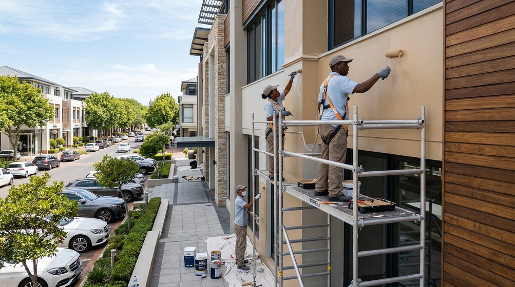Professional commercial painters on scaffolding painting a building in Pretoria East