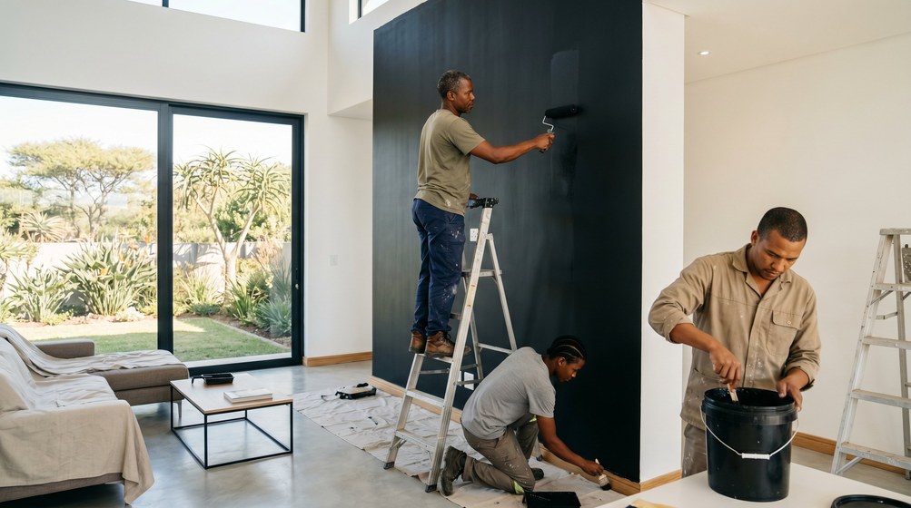 Professional painters creating a bold black feature wall in a modern Pretoria East home