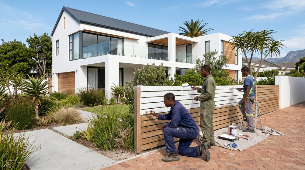 Professional fence painters painting a wooden fence at a Pretoria East home in Pretoria East