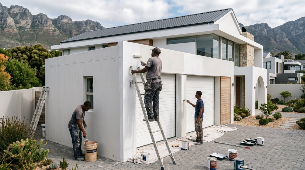 Professional painters painting a double garage exterior and garage doors in Pretoria East