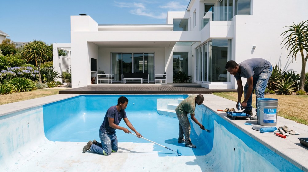 Professional pool painters applying blue pool paint to a swimming pool in Pretoria East