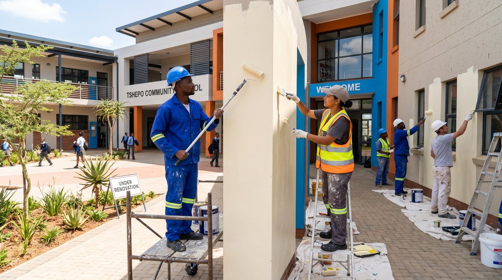 Professional school painting team painting a community school in Pretoria East