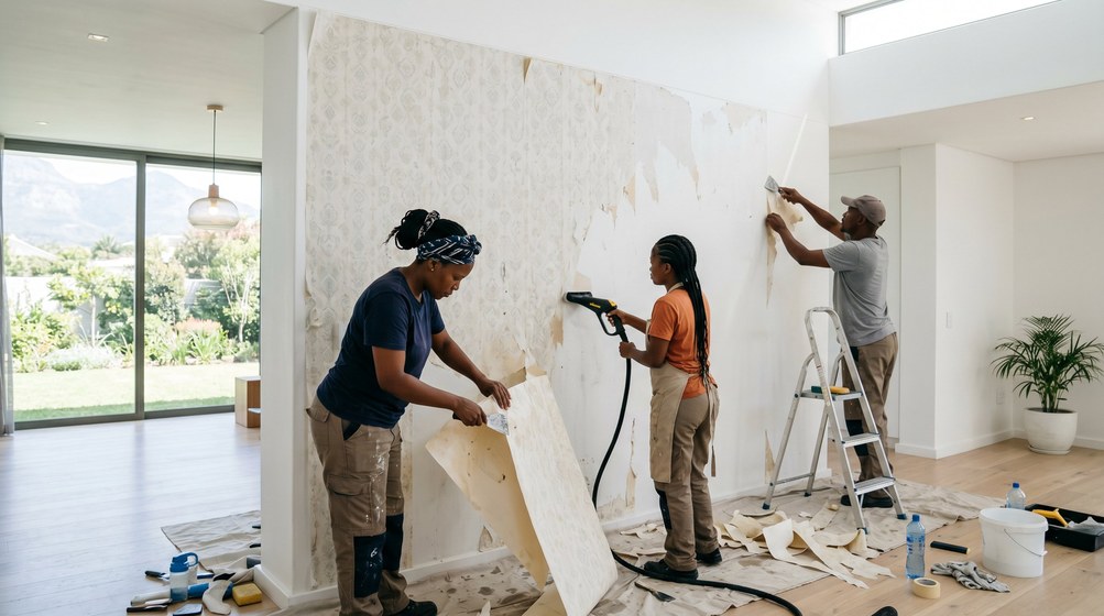 Professional wallpaper removal team stripping old wallpaper in a Pretoria East home