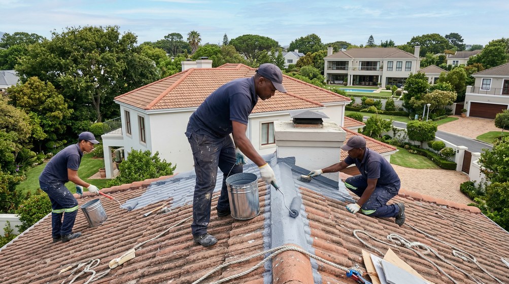 Professional waterproofing team applying membrane to roof in Pretoria East